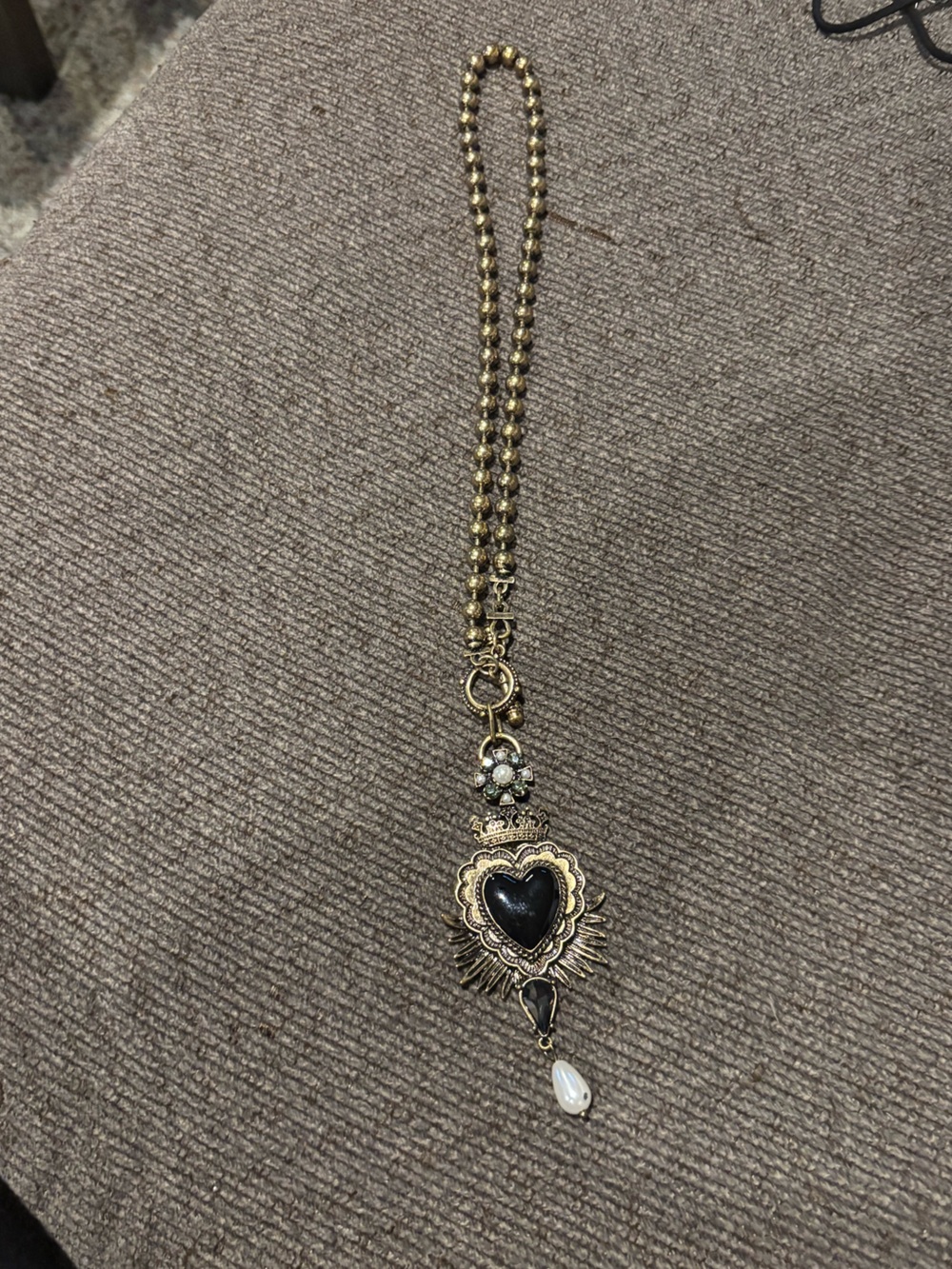Free People Gold-Tone Heart Pendant Necklace with Black Enamel and Pearl Drop - Picture 2 of 5